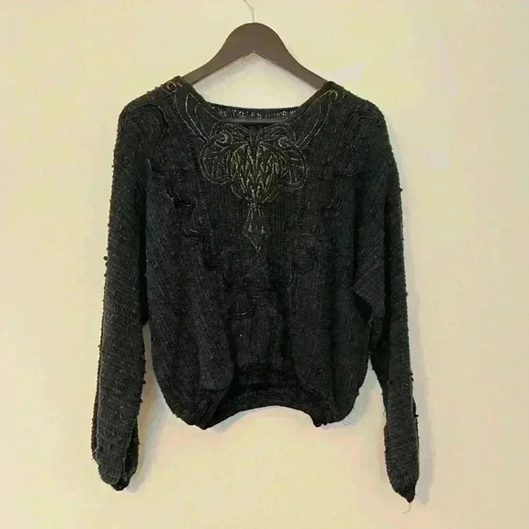 Vintage Tweed Abstract Black Cropped Sweater - Picture 1 of 3